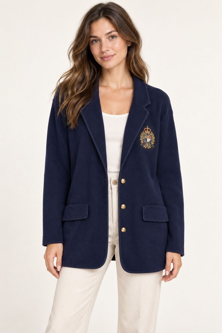Lauren Ralph Lauren Navy Bullion Crest Knit Blazer Cardigan Gold Button 2X Women